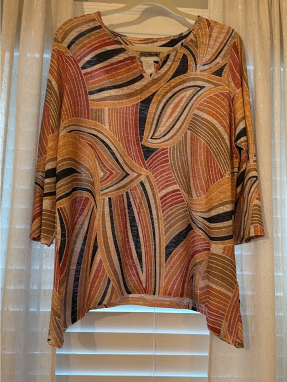 Alfred Dunner Multicolor Wave-Print Blouse in Rust, Mustard, Black